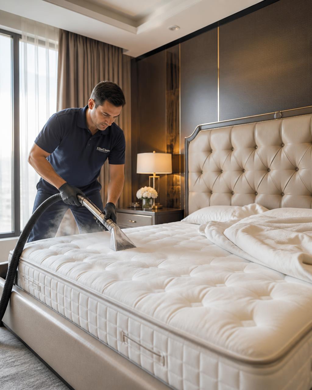 Técnico higienizando um colchão king size em suíte de alto padrão