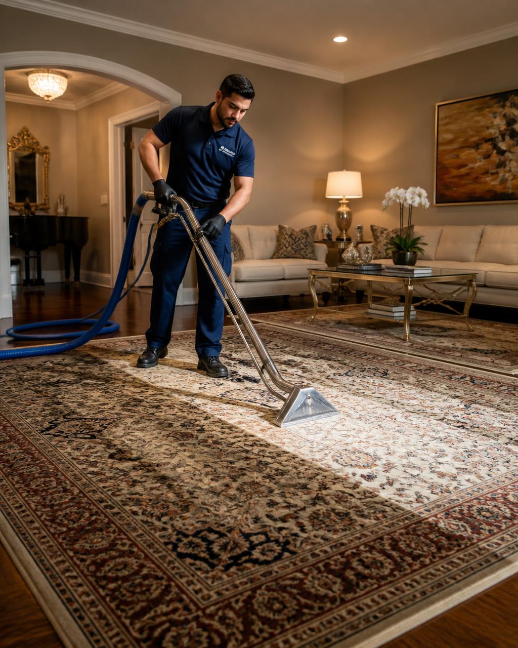 Técnico lavando um tapete persa em sala de estar sofisticada